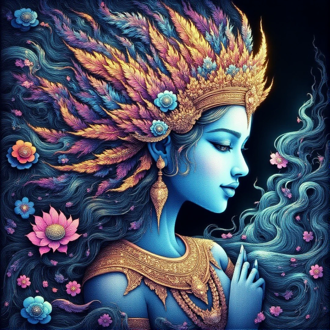 <lora:thaiunique_ai:1.5>,Create a vibrant, intricate artwork inspired by Southeast Asian mythology. Depict a serene goddess-like figure with flowing hair, adorned in detailed golden jewelry and a radiant headdress with feathers. Her skin is a luminous blue, and her expression is peaceful. Surround her with swirling, multicolored floral and natural patterns, featuring delicate flowers, vines, and ornate textures. The lighting should have a soft glow, and the overall color palette should include bright gradients of blues, purples, and pinks, giving the image an ethereal, dreamlike atmosphere.