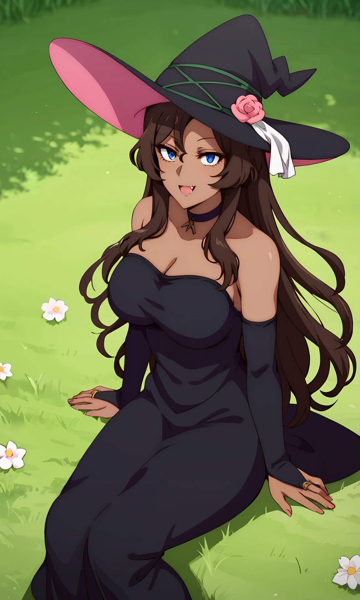 score_9, score_7_up, source_anime,  <lora:whitcher_viola:1> violawz,  dark skin, choker,  witch hat, long hair, blue eyes, large breasts, hat flower, brown hair, long dress, black dress, strapless dress, bare shoulders, cleavage,  bridal gauntlets, sitting, grass, outdoors, nature, flower, looking at viewer, smile, fang out, single fang,