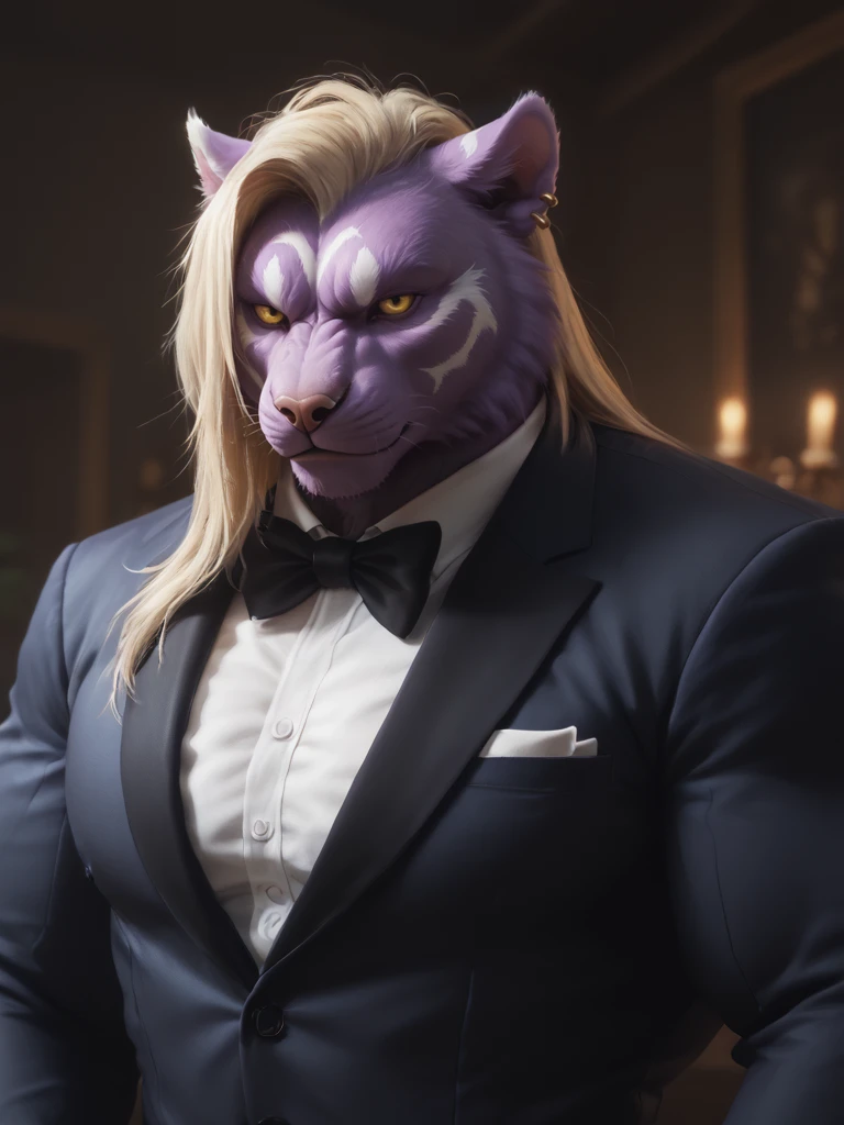 score_9, score_8_up, score_7_up, realistic, high quality, furry, male,  <lora:Rangetsu PDXL:0.8> rangetsu, purple body, long blonde hair, yellow eye, ear piercing, markings, huge muscle, Tuxedo