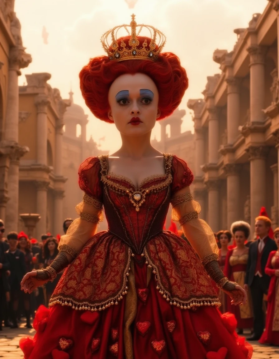 the queen of heart, visiting the Colosseum in Rome, wearing an ornate heart-themed royal dress, glowing crown, blending fantasy royalty with ancient architecture, modern tourists looking in awe, golden hour lighting, high detail, color photo.