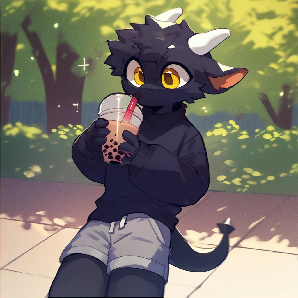 score_9_up, score_8_up, score_7_up, source_furry, mikus-CopiTheCat, black dragon, black body, white horns, yellow eyes, park, holding, bubble tea, black sweater, gray shorts, 1boy, solo