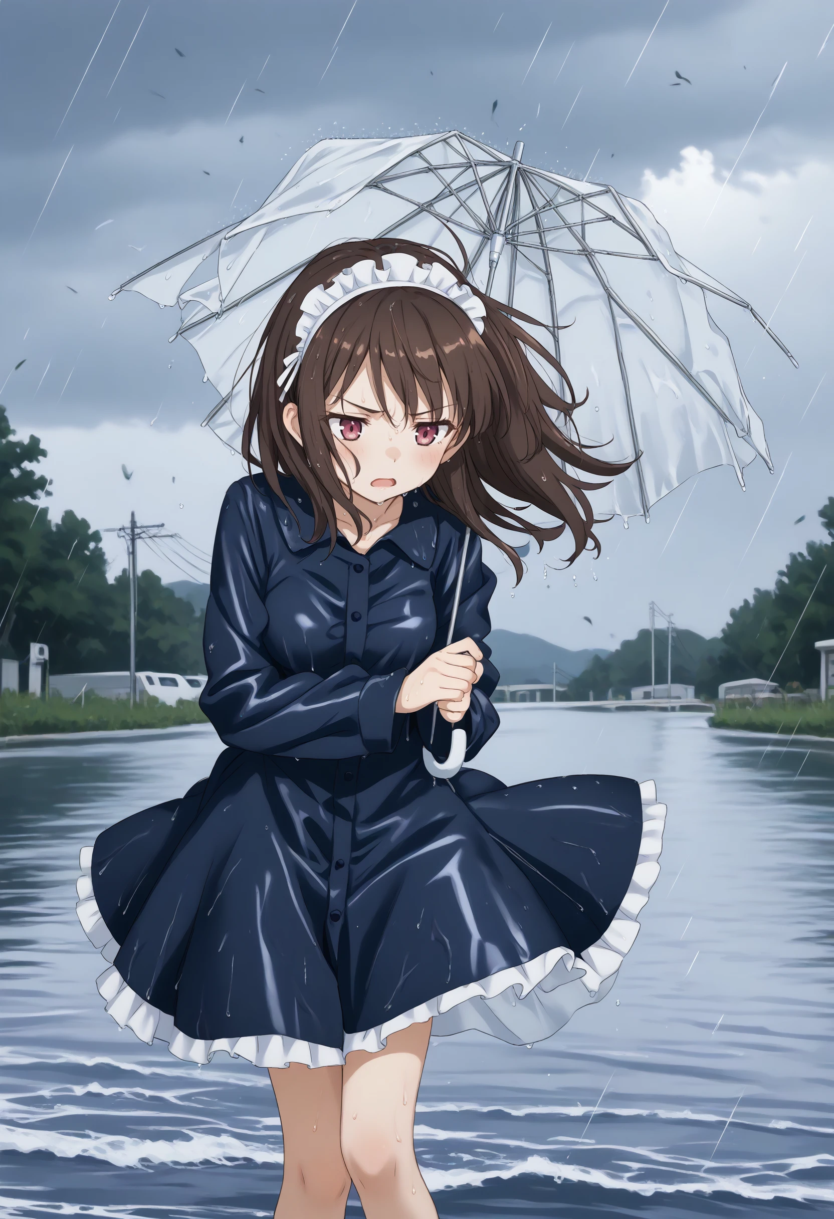 (masterpiece:0.7), (best quality:1.1),
(by sincos:0.5),(by ningen mame:0.5),(by toosaka asagi:0.5),
1girl,solo,medium breasts, maid, maid headdress,
cloudy sky ,floating hair ,leaning to the side,typhoon, storm ,raincoat,broken umbrella,rain,outdoors,wet,wind,wind lift, leaning forward <lora:brokenumbrella_Pony_v1:0.8>
from behind, panorama shot, looking down, brown hair, pink eyes,annoyed, river, open mouth, french hair,,