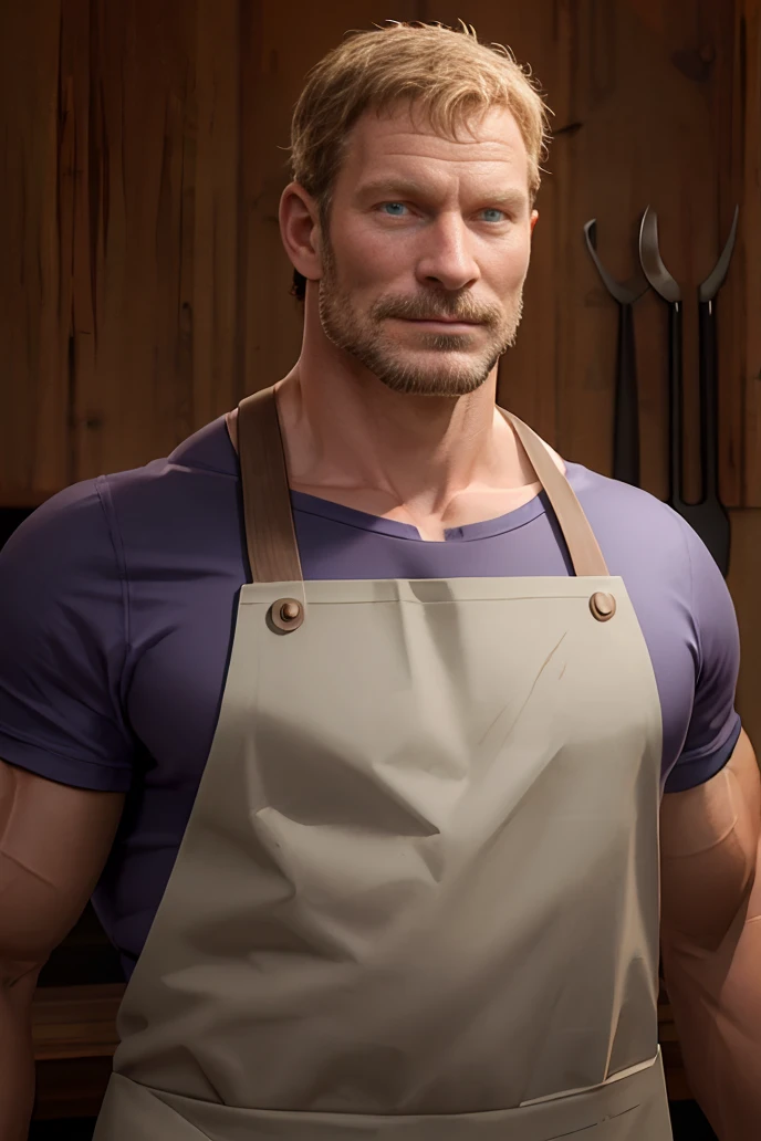 (RAW photo), absurdres, <lora:HourouButcher:0.85>, houroubutcher, muscular male, apron, blue shirt, portrait, (mature male:0.7)