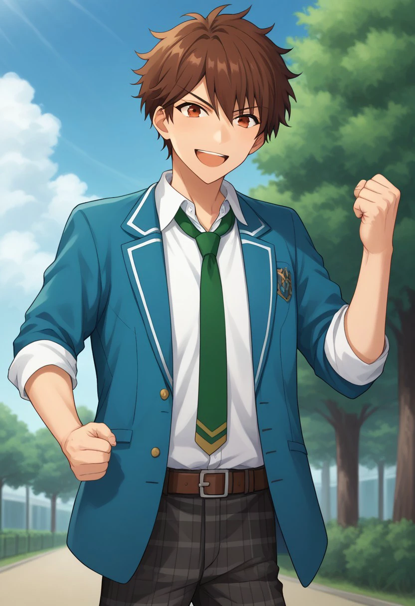 score_9, score_8_up, score_7_up, source_anime, highly detailed, 
chiaki, 1boy, male focus, brown hair, school uniform, necktie, plaid pants, solo, green necktie, brown eyes,
pants, smile, plaid, open mouth, looking at viewer, jacket, clenched hand, blazer, rbelt, shirt, rolled up sleeves,
outdoor, sky, cloud, tree