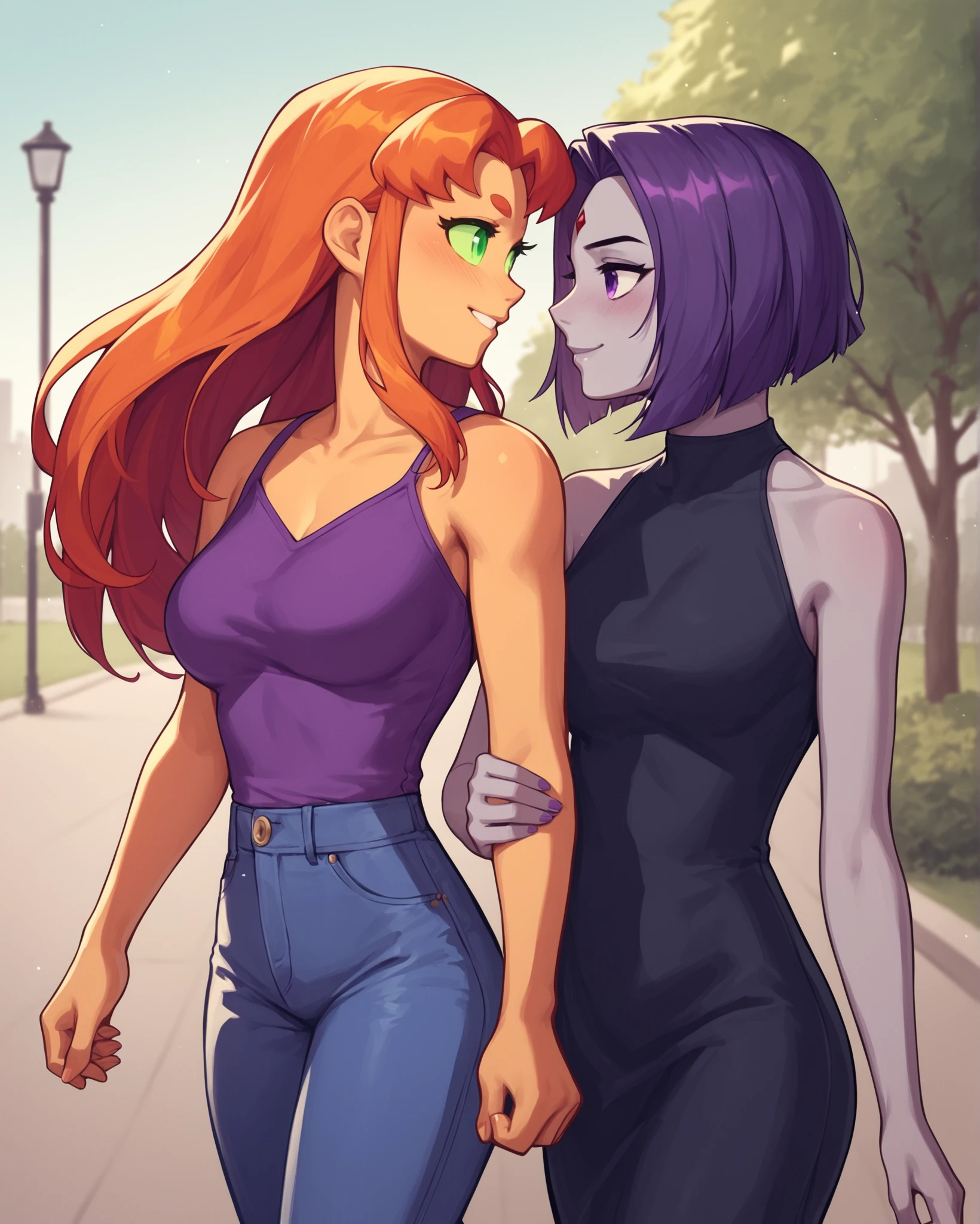 score_9, score_8_up, score_7_up, source_cartoon BREAK 2girls, raven (dc), starfire, purple hair, orange hair, short hair, long hair, medium breasts, perky breasts, park, walking, locked_arms, smile, blush, purple eyes, green eyes, upper body, colored skin, <lora:Locked_Arms:1>,  locked arms, looking at another, dress, thighs, jeans, rating_questionable