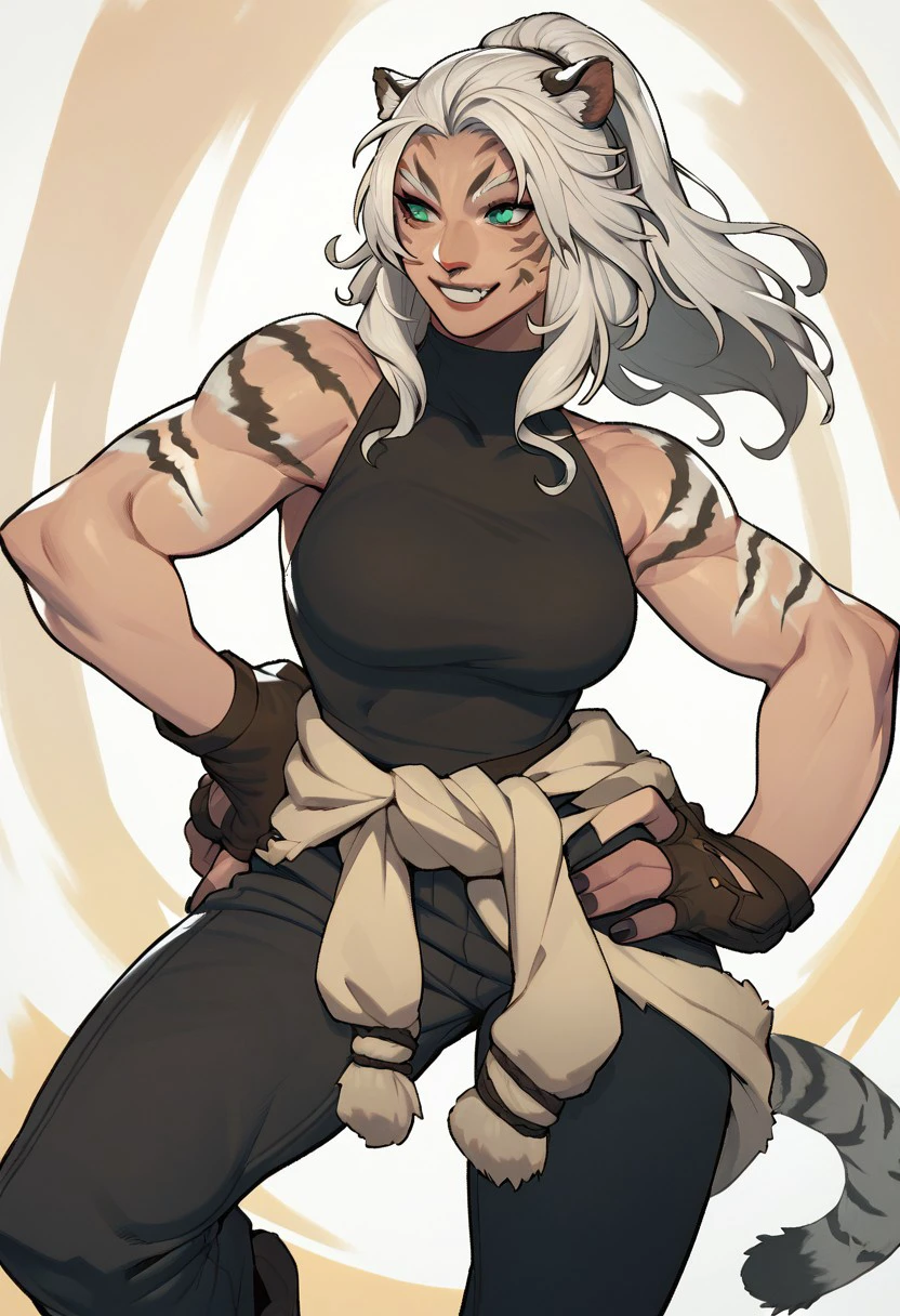 score_9, score_8_up, score_7_up, 1girl, white hair, ponytail, tall female, toned, large breast, tiger pattern, tiger tail, green eyes, facial marks, female hrothgar, tiger ears, black sleeveless shirt, bare shoulders, fingerless gloves, black nail, black pants, jacket tied around waist, 1 hand on hip, solo, solo focus, full body, smile