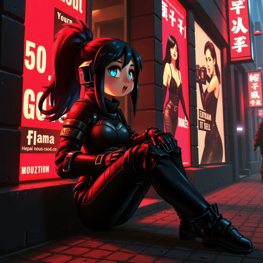 sci-fi female soldier in skin-tight battle armour, leaning against a wall on a cyberpunk street, with neon signs and large adverts featuring supermodels, red and black colour theme,
<lora:Porforever_V2_epoch_4:0.9>,