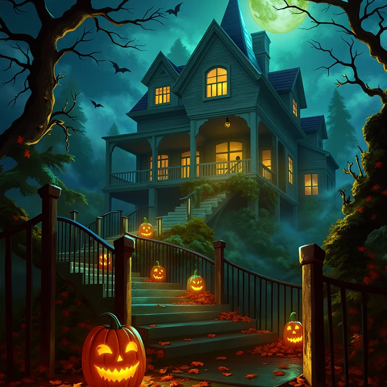 A dark and eerie Halloween scene featuring a spooky haunted house with Gothic architecture, illuminated by a glowing full moon in the background. The house is surrounded by twisted, leafless trees with creeping vines, while glowing jack-o'-lanterns with ominous grins line the pathway leading to the entrance. Bats are flying in the cloudy, foggy sky, adding to the haunting atmosphere. Fallen autumn leaves are scattered across the ground, and a wrought iron fence encloses the mysterious house. The scene evokes a chilling, magical, and mysterious Halloween night and atmospheric style of devinellekurtz, <lora:devinellekurtz-style:1.5>