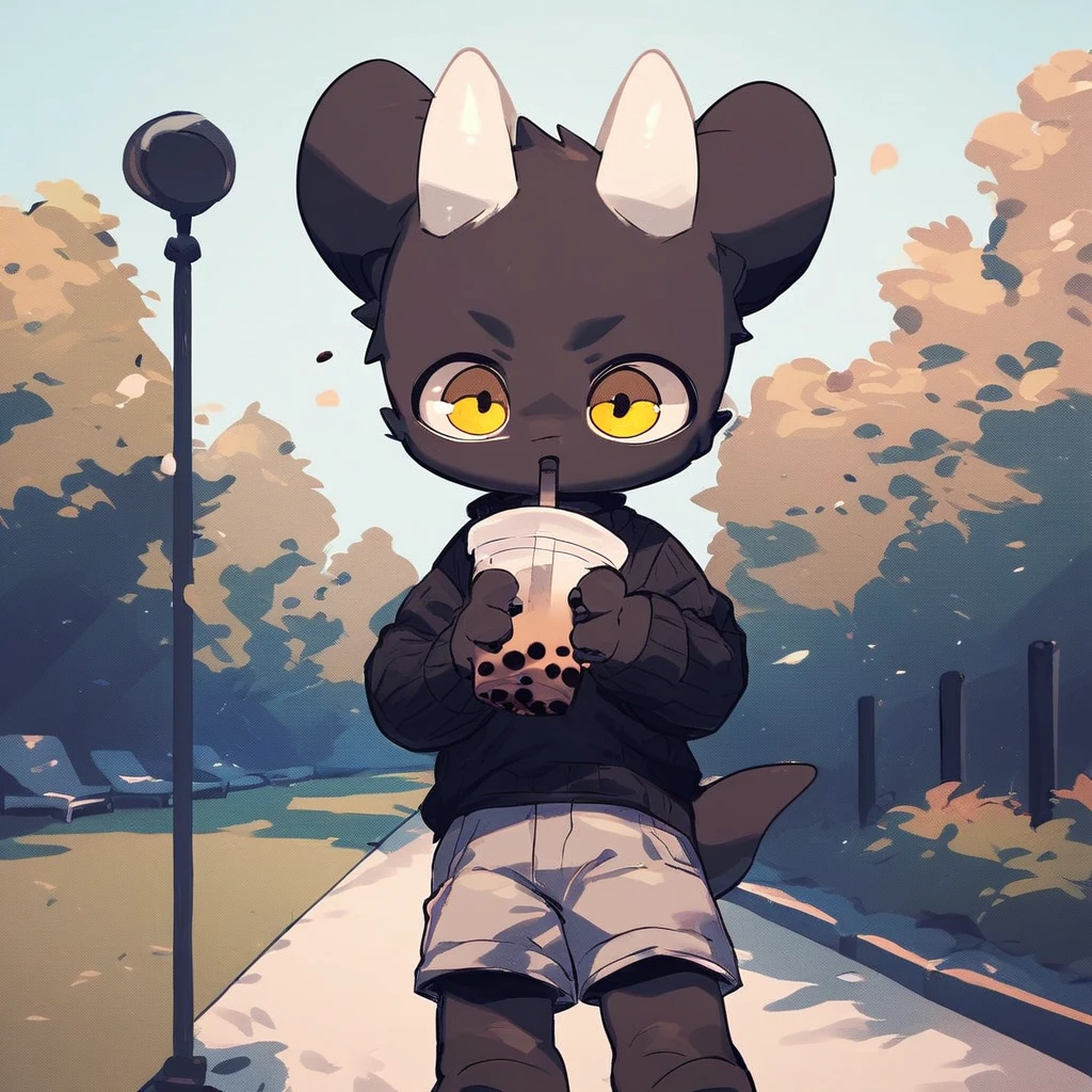 score_9_up, score_8_up, score_7_up, source_furry, mikus-kirikopoyo, black dragon, black body, white horns, yellow eyes, park, holding, bubble tea, black sweater, gray shorts, 1boy, solo