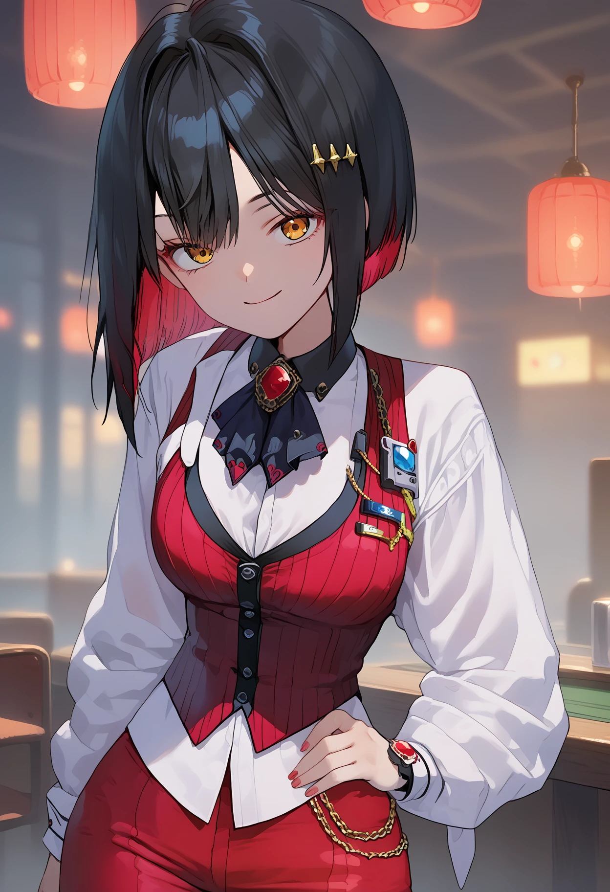 score_9, score_8_up, score_7_up, source_anime, 
BREAK
1girl, solo,
<lora:nikkeRougeV1-000010:1>, shirogue, black hair, colored inner hair, yellow eyes, short hair, hairclip, bob cut, 
ascot, brooch, red vest, red pants, 
looking at viewer, smile,