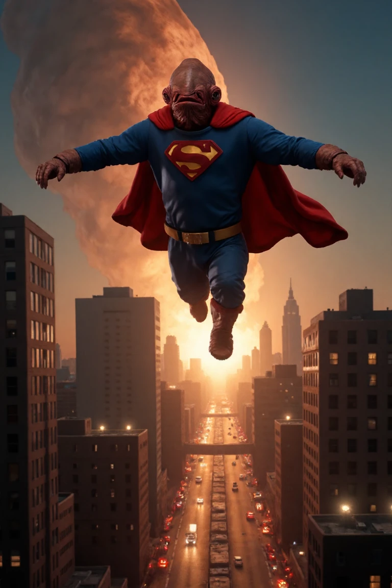 hyperrealistic art Admiral Ackbar cosplaying as Superman, flying over Metropolis at night with a meteor strike hitting the city below  . extremely high-resolution details, photographic, realism pushed to extreme, fine texture, incredibly lifelike