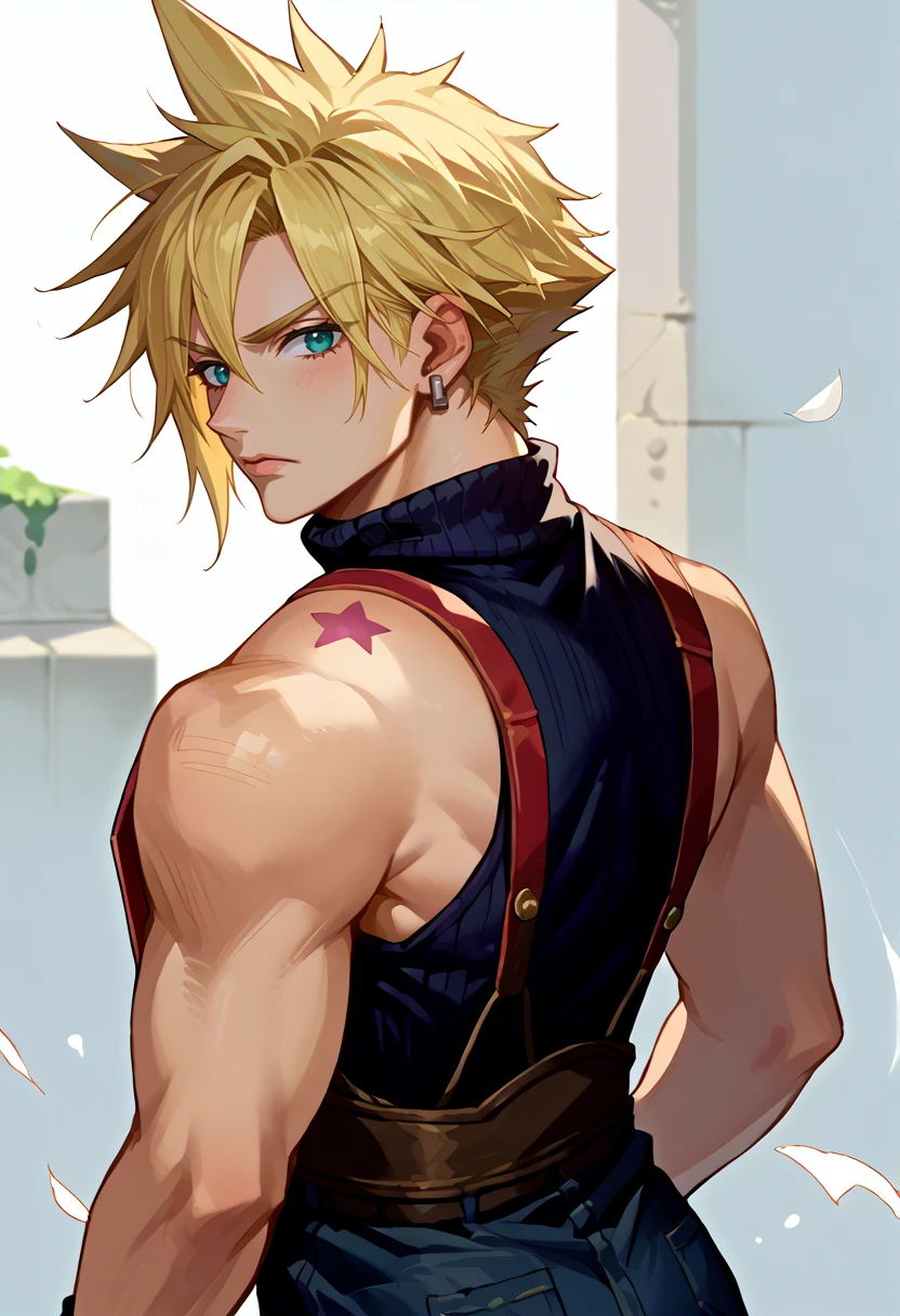 score_9, score_8_up, score_7_up, source_anime, BREAK, solo, 1boy, looking at viewer, <lora:Joestar-Brithmark-pdxl_Fp:1.2>, joestar birthmark, birthmark, shoulder tattoo, <lora:cloudstrife-pdxl-nvwls-v1:1>, defCloud, blonde hair, single earring, suspenders, sleeveless turtleneck, from behind,