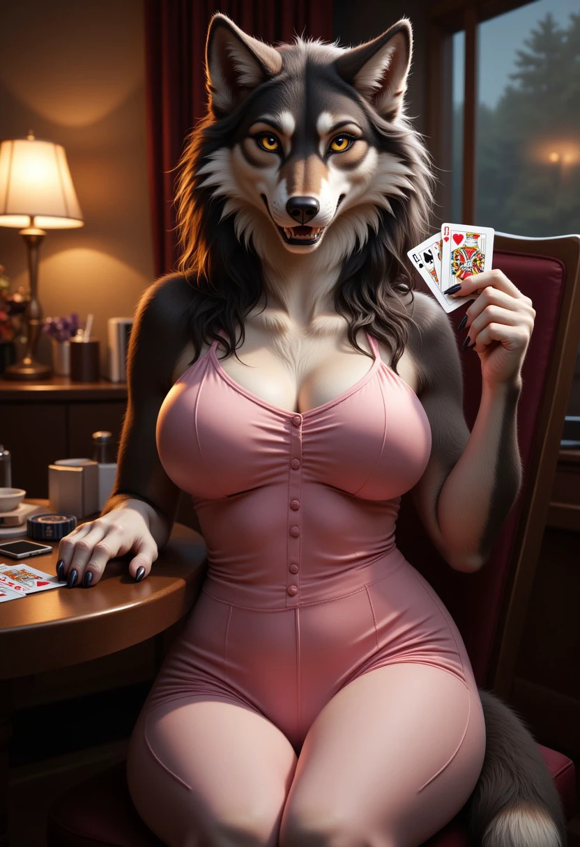 The image is a highly detailed, digital artwork in a realistic anthropomorphic style, depicting a female anthropomorphic wolf with a human-like body and a wolf's head. Her whole body is covered in long, furry fur. She has a slender, athletic build with a curvy figure, including prominent buttocks. Her fur is a mix of gray and white, typical of a wolf, with a fluffy tail and expressive, piercing yellow eyes. She is wearing tight pink pajamas and is holding playing cards while sitting at a table, looking at the viewer. She has wolf paws instead of hands.