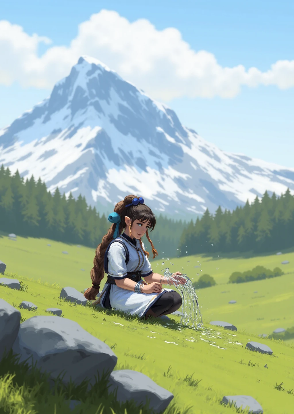 An illustration of a girl sitting on a meadow, praticing water magic, there is a snowy mountain in the background