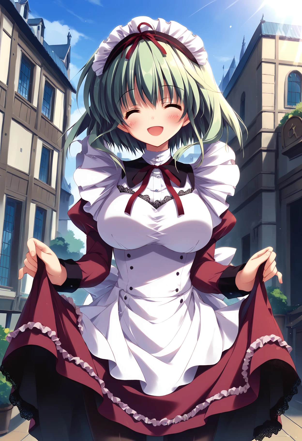 score_9, score_8_up, score_7_up BREAK
source_anime, rating_safe, cowboy shot, outdoors, castle, sunlight, skirt hold, standing, blush, smile, open mouth, 1girl, msange, green hair, medium hair, maid headdress, large breasts, closed eyes, maid, dress, long sleeves, puffy sleeves, frills, lace trim, black pantyhose, red ribbon, neck ribbon <lora:msange_epoch_7:1>