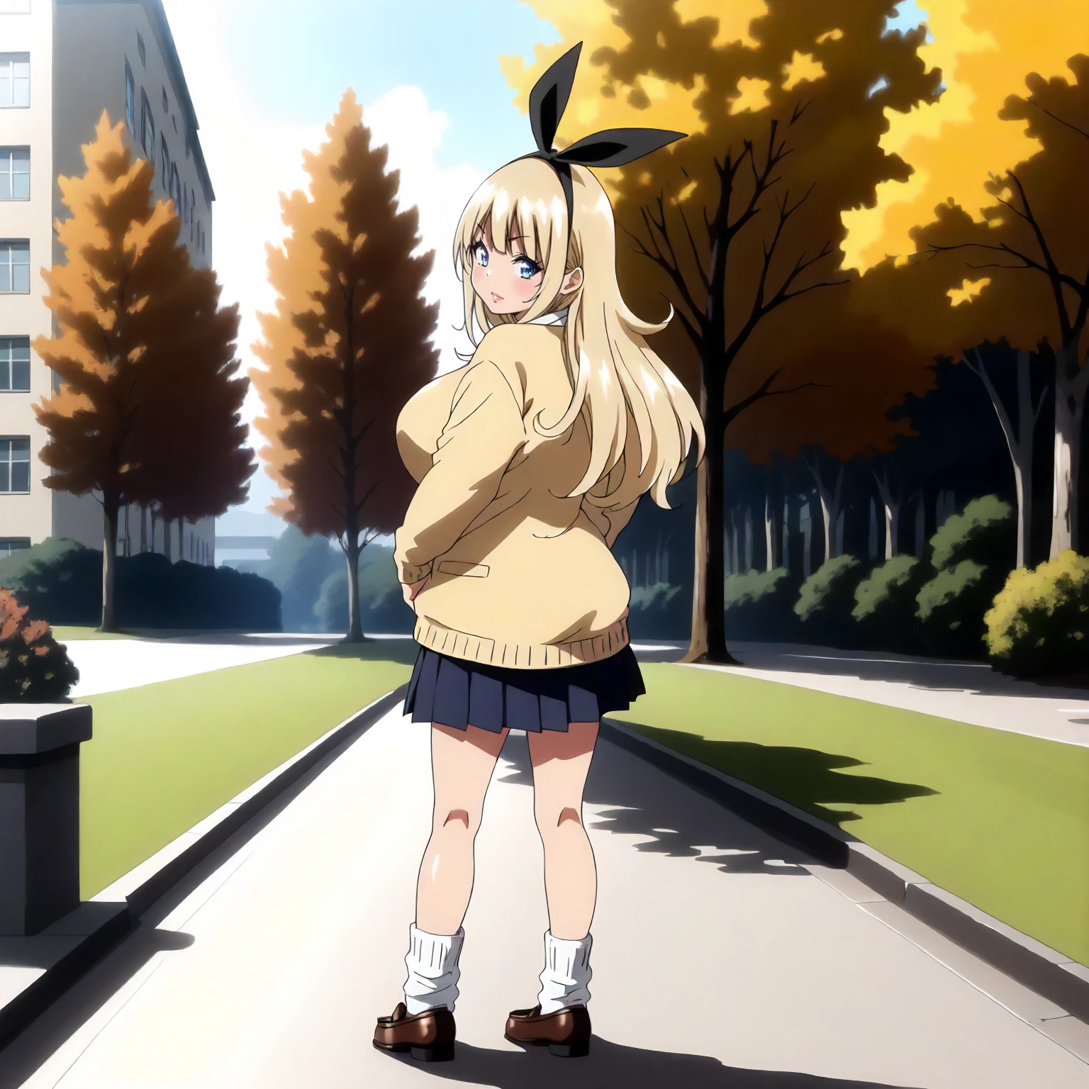 <lora:BnHgDR_RinaXLpony001>,
outdoors,
solo,
Rina,1girl,blonde hair,ribbon,hairband,long hair,blue eyes,
large breasts,
yellow cardigan,
pleated_skirt,
loose_socks,loafers,
full body,standing,looking back,