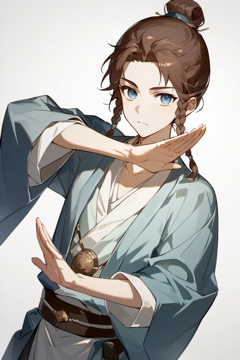 score_9, score_8_up, score_7_up, masterpiece, best quality, 1boy, solo, young boy,
<lora:HuJiaPony:0.8> hujia, green hanfu, single hair bun, twin braids, blue eyes, brown hair
<lora:Rintarou_Okabe_Pose_Pony:1> Rintarou_Okabe_Pose