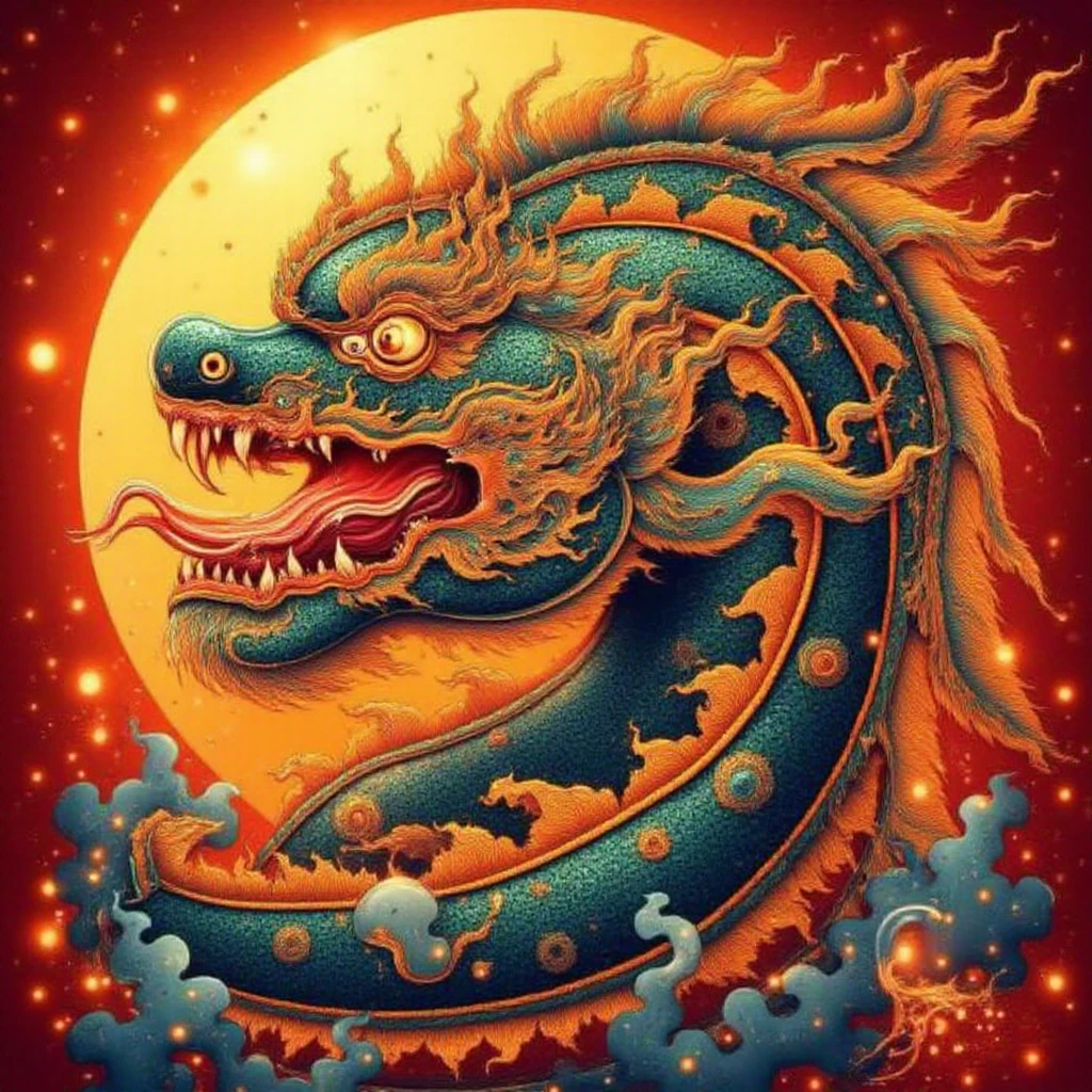 <lora:thaiunique_ai:1.5>,An intricately detailed depiction of a mythical Thai dragon (or Naga), with vibrant, ornate scales and flowing, fiery mane, encircled by a glowing golden sun. The dragonâs head is fierce, with glowing eyes, sharp fangs, and a dynamic pose. The design is in the style of traditional Thai art, combining elements of fluid motion and decorative complexity. Fiery details weave through the scene, adding energy and power to the image, all against a rich red and gold background