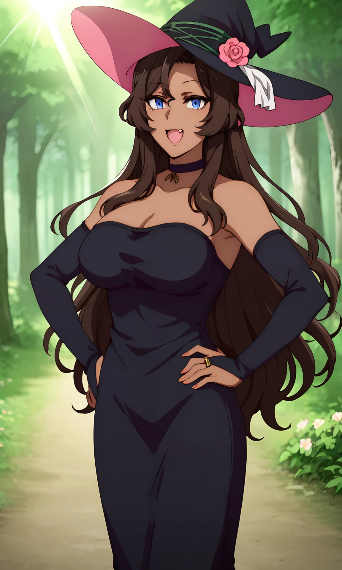 score_9, score_7_up, source_anime,  <lora:whitcher_viola:1> violawz,  dark skin, choker,  witch hat, long hair, blue eyes, large breasts, hat flower, brown hair, long dress, black dress, strapless dress, bare shoulders, cleavage,  bridal gauntlets, standing, cowboy shot, looking at viewer, smile, happy, :d, fang out, single fang, cowboy shot, outdoors, forest, tree, light rays, nature, natural light, hands on hip