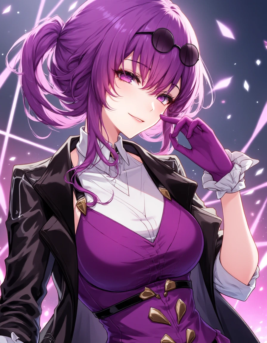 kafka, female, purple hair, pink eyes, black jacket, sunglasses, anime, wearing a diamond dress