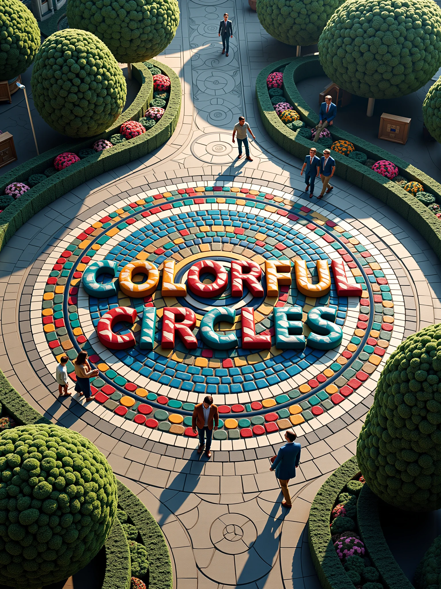 cobblestone plaza (birds eye-view:1.4), mad-clrflcrcls stones forming the text "COLORFUL CIRCLES", trees, bushs, flower, people walking around <lora:colorful-circles-flux:1.6>