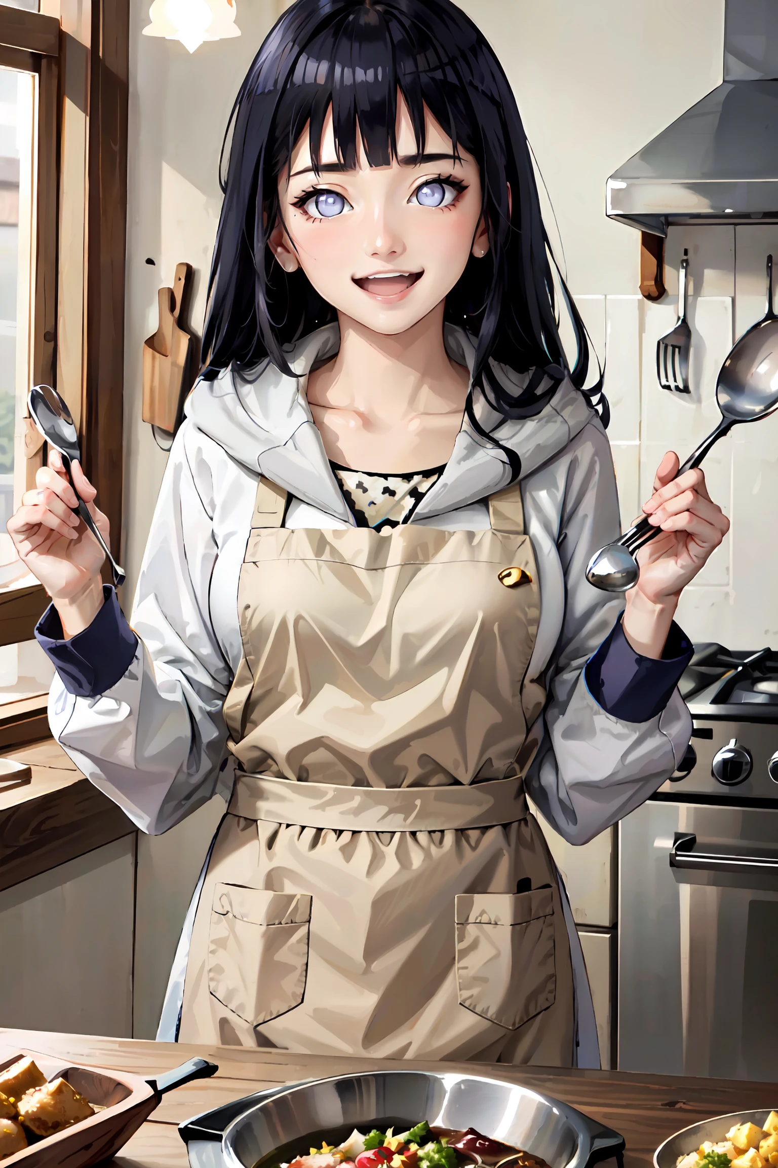 hinata, solo, long hair, smile, open mouth, shirt, long sleeves, holding, purple eyes, collarbone, :d, food, teeth, shiny, indoors, hood, blunt bangs, sweatdrop, blurry, apron, shiny hair, hands up, sparkle, blurry background, upper teeth only, hood down, straight hair, bowl, cooking, ladle, kitchen, green apron, holding ladle, <lora:hinata:1>