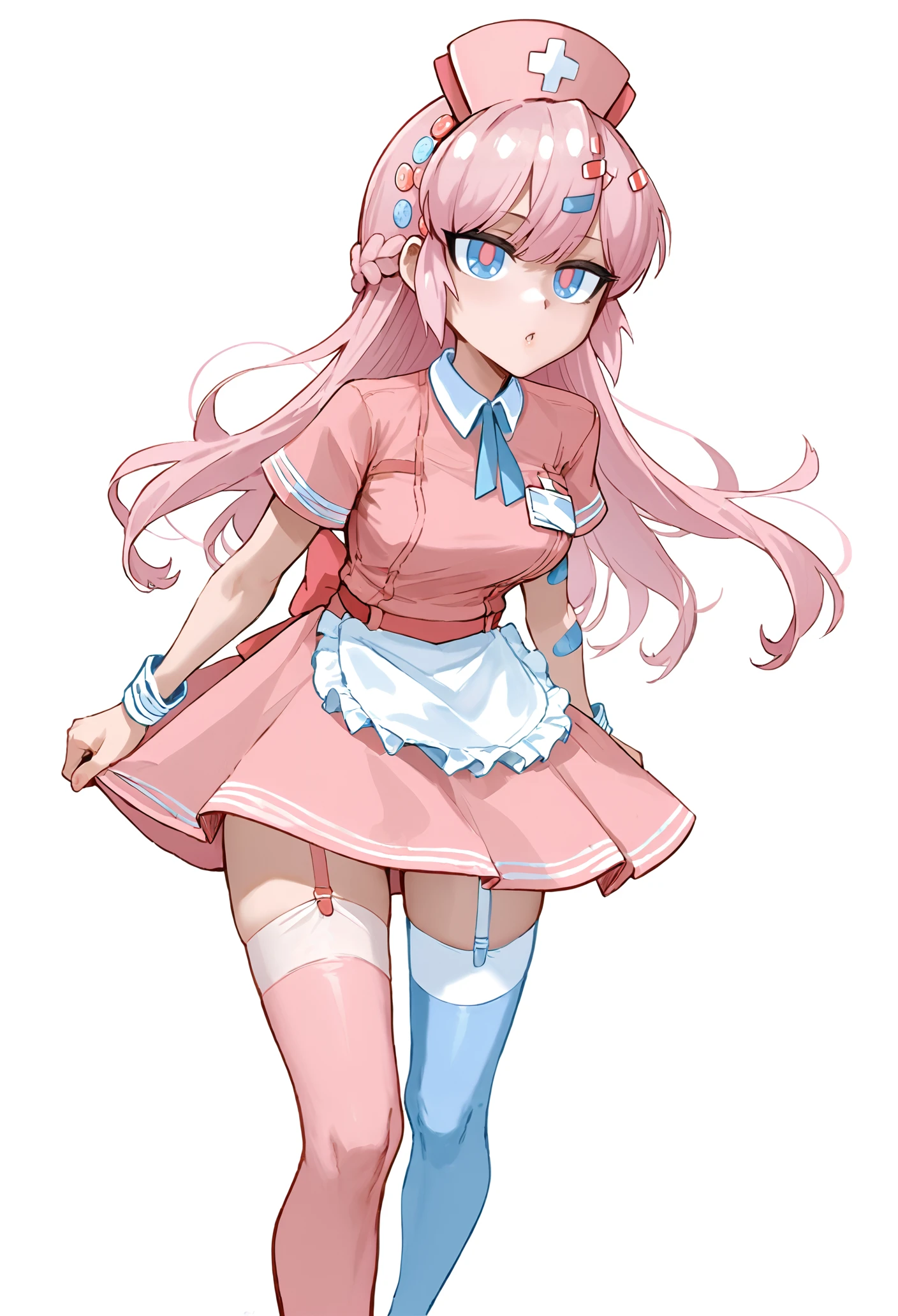 score_9, score_8_up, score_7_up, best quality, source_anime BREAK, Bianca Abercrombie, pink hair, nurse cap, pink thighhighs, 1girl, blue eyes, long hair, bandaid, hair ornament, apron, hairclip, mismatched legwear, asymmetrical legwear, pink dress, garter straps, blue thighhighs, solo, pink pupils, white background, simple background, <lora:BiancaAbercrombie:1>