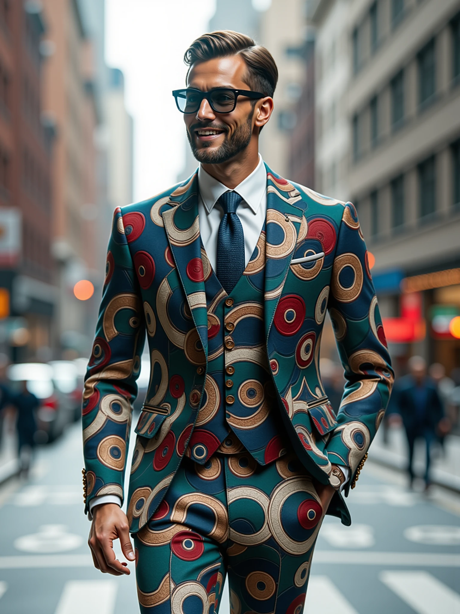 man wearing a mad-clrflcrcls suit walking through city, dynamic_pose, from side, light smile, cinematic shot   <lora:colorful-circles-flux:1.8>