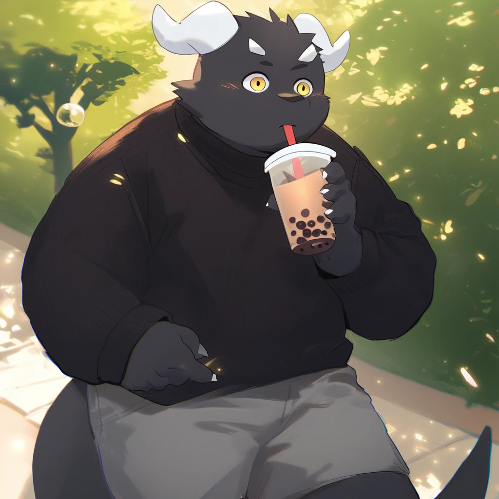 score_9_up, score_8_up, score_7_up, source_furry, mikus-Tongmung24, black dragon, black body, white horns, yellow eyes, park, holding, bubble tea, black sweater, gray shorts, 1boy, solo