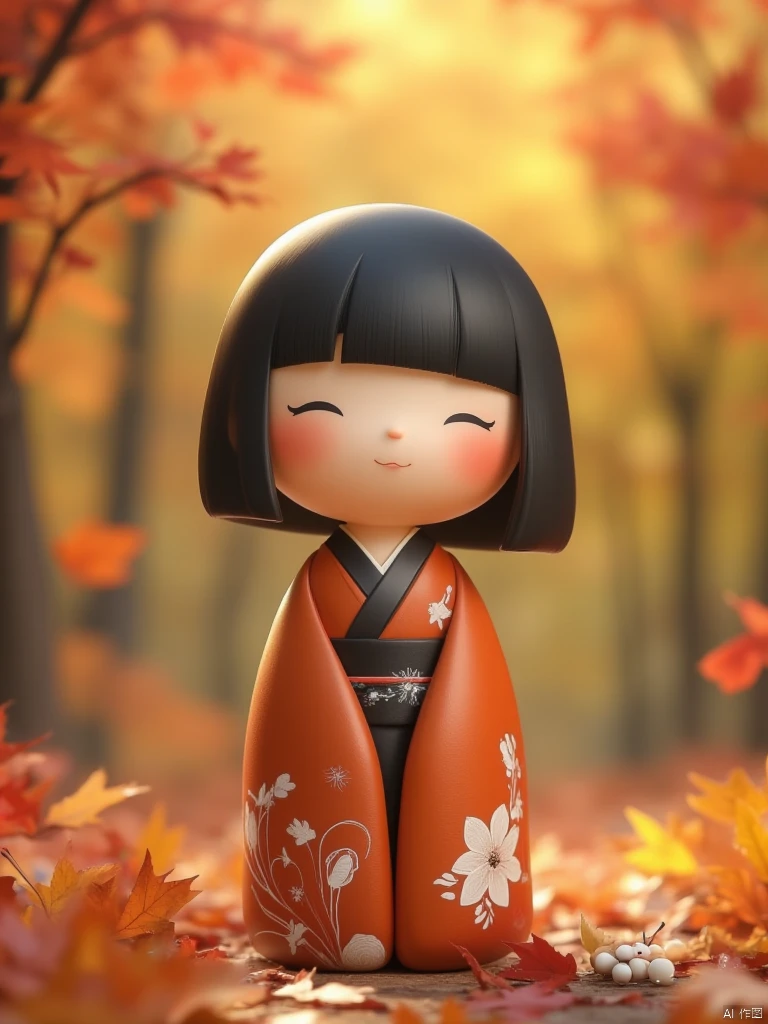 OBwawa,This is a digital illustration featuring a cute, stylized anime-style doll in a serene autumn setting. The doll has a round, smooth face with closed eyes and a small, peaceful smile. Her hair is black and straight, cut into a blunt, chin-length bob with a slight fringe. She wears an elegant, traditional Japanese kimono adorned with white floral patterns. The kimono is predominantly orange with a black obi sash tied around her waist, adding a touch of contrast.The background is a lush, blurred forest of autumn trees with leaves in shades of red, orange, and yellow, creating a warm, cozy atmosphere. The leaves are scattered around the doll, adding to the autumnal theme. The texture of the leaves is detailed, showing veins and edges, while the ground is covered with a layer of fallen leaves. A small cluster of white berries is placed to the right of the doll, adding a pop of color.The overall composition is harmonious, with the doll's serene expression complementing the peaceful, natural setting. The illustration combines elements of realism with a whimsical, cartoonish style, creating a charming and inviting scene.