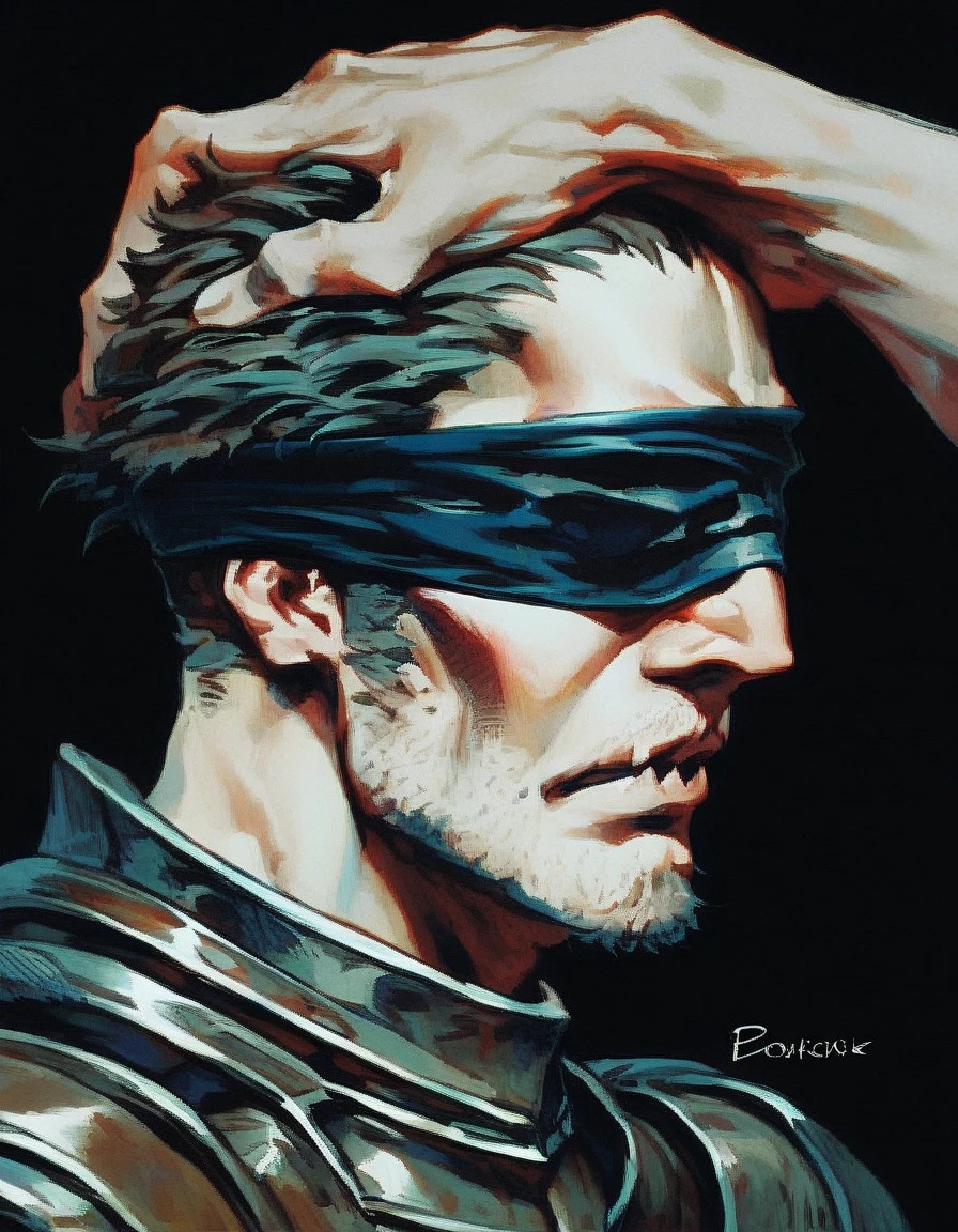 score_9, score_8_up, score_7_up, score_6_up, MTGr3b3cc4 style, painting,  solo, 1boy, male focus, armor, facial hair, black background, side view, blindfold, sharp jawline, masculine, dark hair, hands on another's head,, <lora:MTGr3b3cc4 v1.0:1>