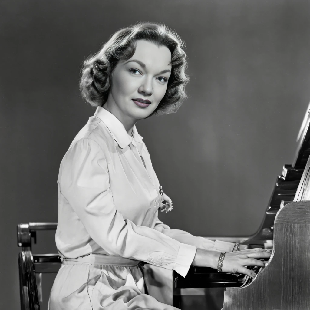 full color photo of gloria henry, decently clothed, playing the grand piano, vivid color, masterpiece <lora:GloriaHenry:1>