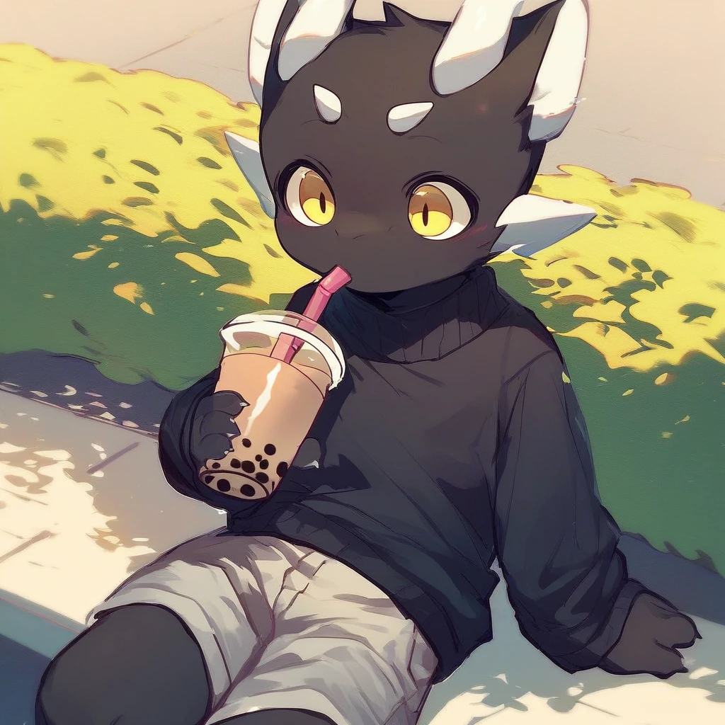 score_9_up, score_8_up, score_7_up, source_furry, mikus-kirikopoyo, black dragon, black body, white horns, yellow eyes, park, holding, bubble tea, black sweater, gray shorts, 1boy, solo