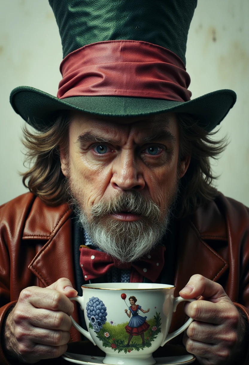 An expressive and energetic Luke Skywalker is Mad Hatter drinking tea with Alice in wonderland,death tarot card,highly detailed,half skull face,cinematic,8k,by Stanley Artgermm,Tom Bagshaw,Greg Rutkowski,Carne Griffiths, Ayami Kojima, Beksinski, Giger,trending on DeviantArt,hyper detailed,horror, full of colour