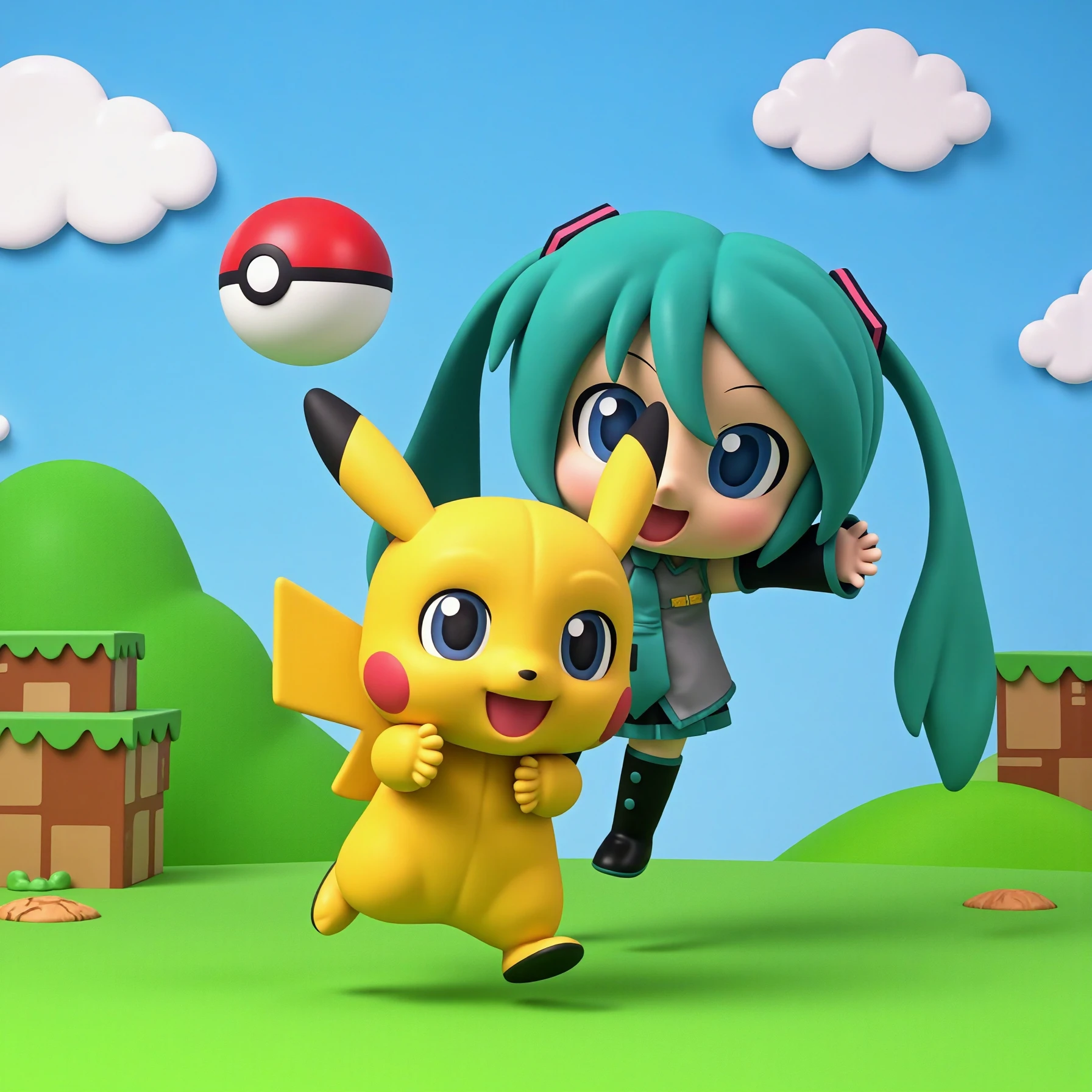 A realistic 3D render of MikuDayo, a chibi doll with long aqua hair and aqua eyes. In a vibrant, cartoony landscape reminiscent of a classic video game, a striking 3D render of MikuDayo comes to life. This adorable chibi doll features cascading, long aqua hair that glistens under the playful blue sky, and equally captivating aqua eyes that sparkle with mischief. Behind him, in a moment of high energy and excitement, he energetically hurls a bright red Poké Ball, aimed precisely at a lively Pikachu that dominates the foreground.
The Pikachu, with its fluffy yellow fur radiating a warm glow, is captured mid-leap, sprinting towards the camera with an expression of surprise and determination. Its large, expressive eyes are wide with alarm, and its tiny paws are raised in a comedic gesture of surrender. You can almost hear its playful cry, “Pika-Pika!” echoing in the air, as it makes a dash for freedom across the vibrant, grassy ground.
The enchanting backdrop features rolling green hills dotted with whimsical blocks and pixelated cliffs that seem to stretch into the distance, bathed in hues of emerald and lime. The colors are bright and saturated, enhancing the cheerful atmosphere of this fantastical world. Fluffy, cartoonish clouds drift lazily overhead, adding to the surreal charm of the scene. The entire environment radiates a sense of playful adventure, inviting viewers to join in on this exciting chase amid the thrill of game-inspired antics.