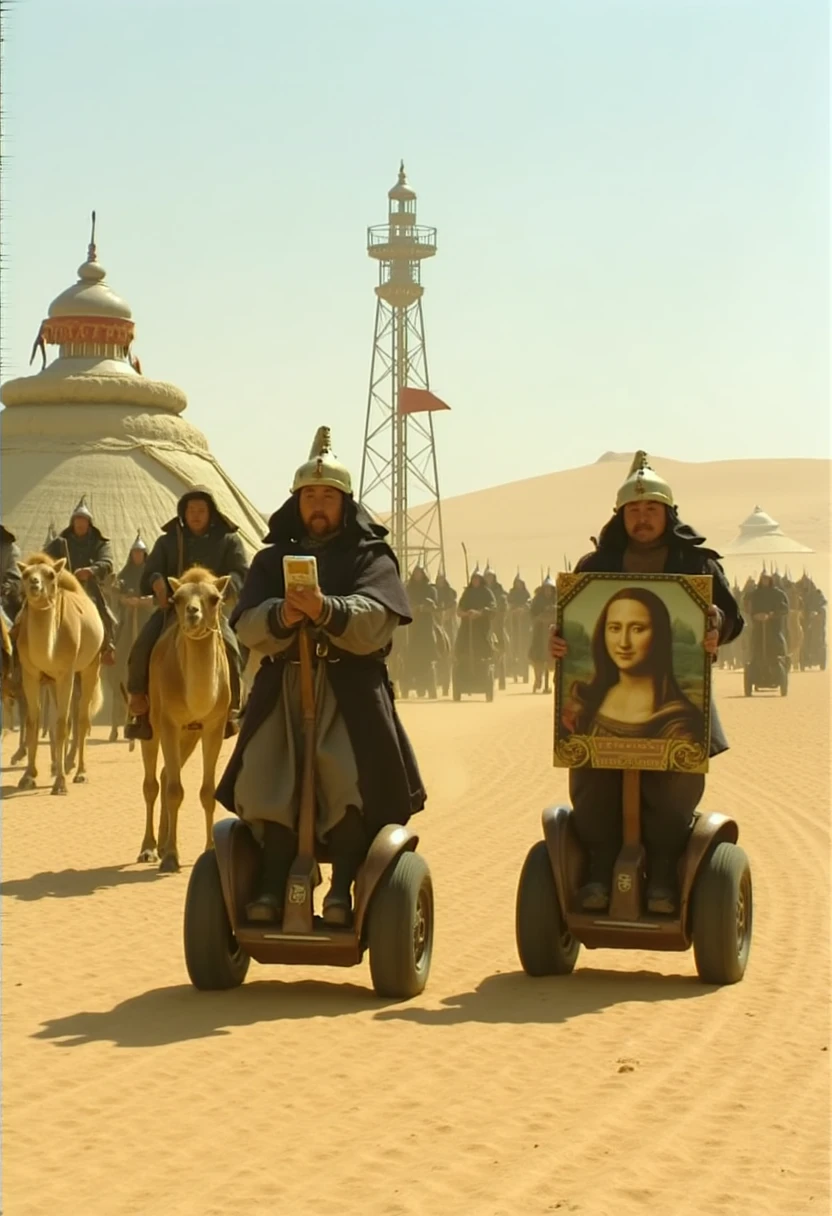 8k photorealistic RAW image of a Mongol caravan traveling through the desert, but their camels are replaced by Segways. Genghis Khan leads the pack, holding a smartphone with GPS while another warrior rides next to him carrying a life-sized cardboard cutout of the Mona Lisa. The backdrop features towering sand dunes and a Wi-Fi hotspot tower in the distance, with banners reading “Nomads Online.”