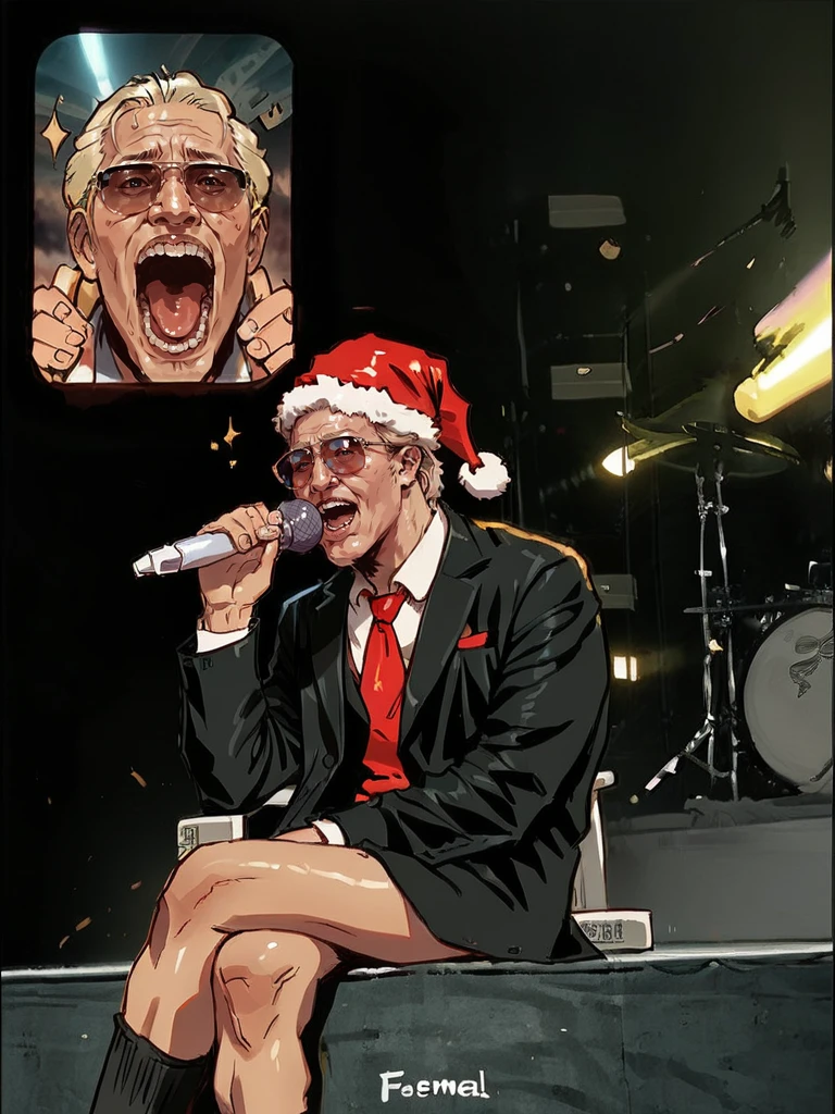 <lora:FanScreamingAtMadisonBeer_XLPD:0.8>, FanScreamingMeme, 1boy, old, blonde hair, sunglasses, santa hat, classic black suit, red tie, open mouth, sitting, music, crossed legs, holding microphone, singing, screen, <lora:Seung_Eun_Kim-000020:0.8>, score_9, score_8_up, score_7_up, realistic