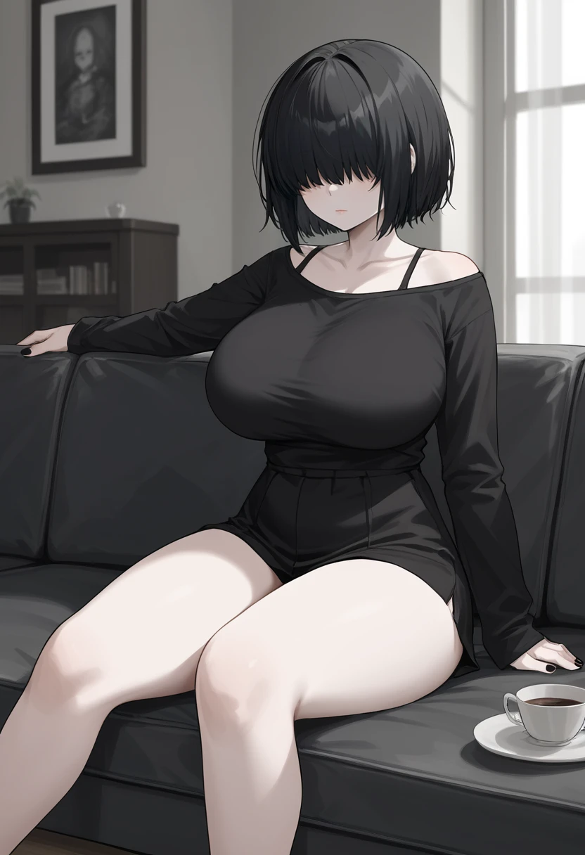 Moody lighting, indoors, pale skin, (hair over eyes), short hair, black hair, gothic, large breasts, sitting, couch,, anime,