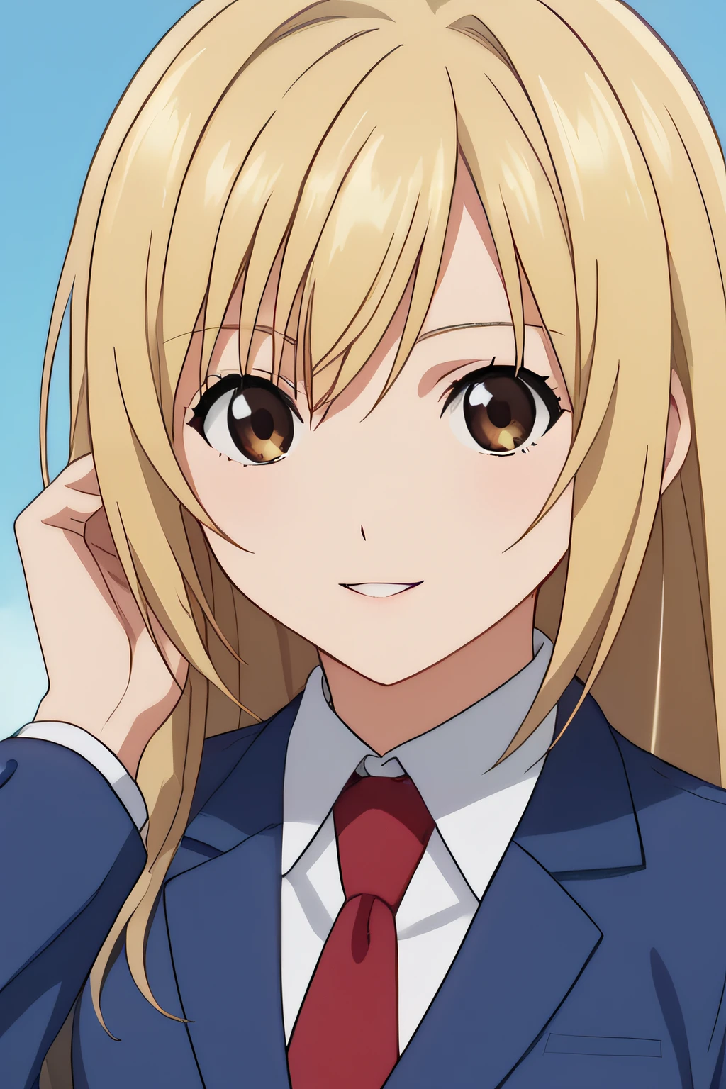 score_9, score_8_up, score_7_up, source_anime, rating_safe, intricate details, anime screencap, official style, 1girl, <lora:Minami_Haruka:1>, haruka, blonde hair, brown eyes, long hair, collared shirt, red necktie, blue blazer, school uniform, looking at viewer, smile, upper body, hand on hair, parted lips