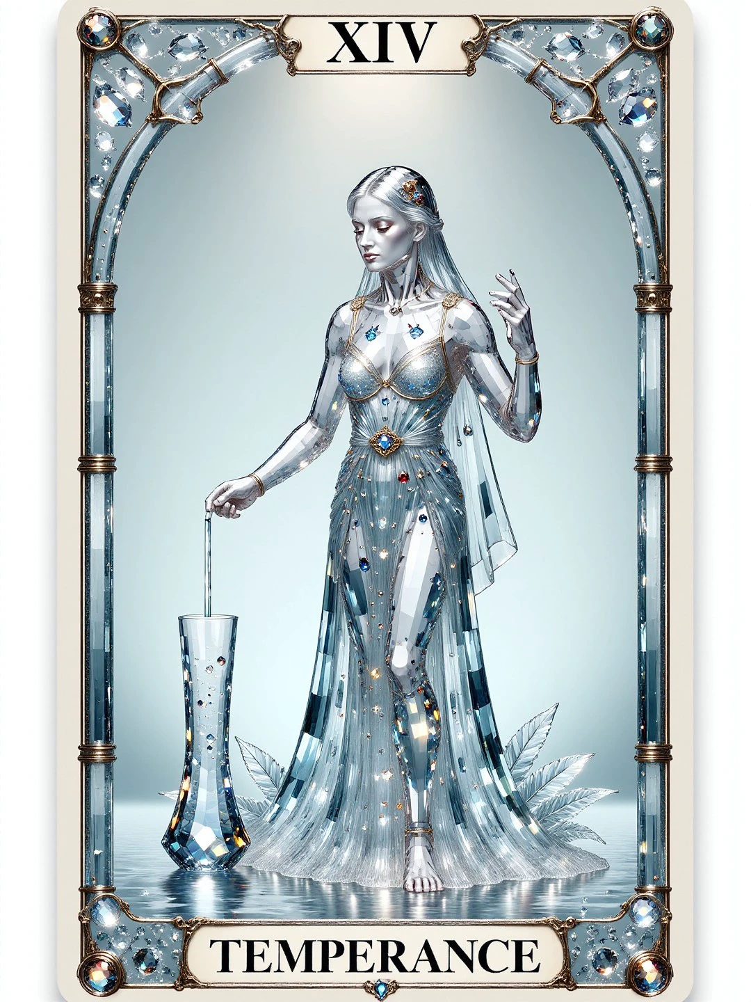 cs-cr1stal , Tarot card of Temperance, with text "XIV" at the top and text "Temperance" at the bottom, standing, filling up a drinking glass with water <lora:Crystality Flux_v1:1>