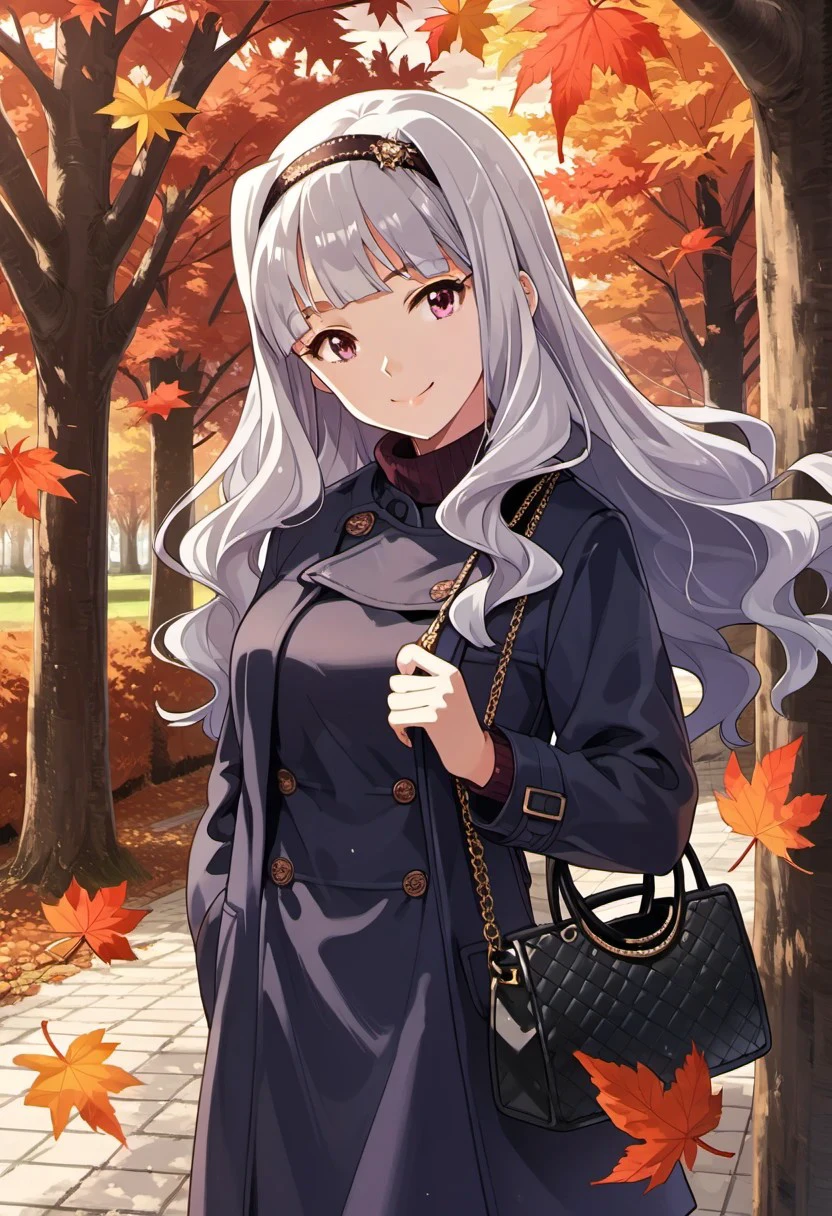 score_9, score_8_up, score_7_up, source_anime,shijou takane, long hair, grey hair, purple eyes, 1girl, solo, hairband, leaf, smile, bag, tree, handbag, autumn leaves, autumn, coat