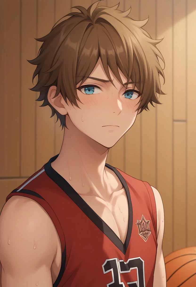 score_9, score_8_up, score_7_up, source_anime, highly detailed, 
midori, 1boy, male focus, solo, brown hair, sportswear, basketball uniform, blue eyes, 
basketball, sweat, focused, upper body, red uniform,