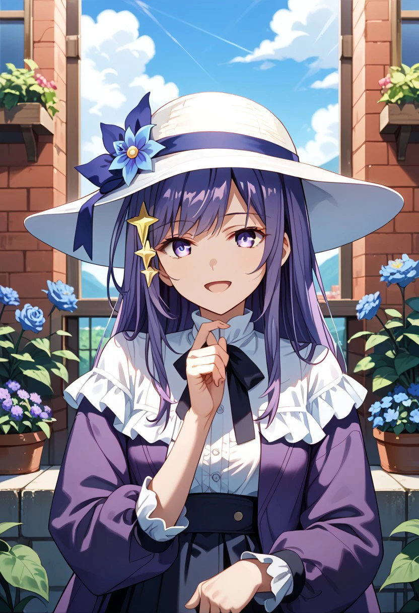 score_9,score_8_up,score_7_up,source_anime, maha_(ansatsu_kizoku),1girl,solo,looking at viewer,smile,open mouth,hair ornament,dress,hat,ribbon,jacket,upper body,purple hair,flower,sidelocks,outdoors,day,indoors,hand up,star \(symbol\),window,white headwear,hat ribbon,blue flower,sun hat,star hair ornament,hat flower,purple jacket,brick wall