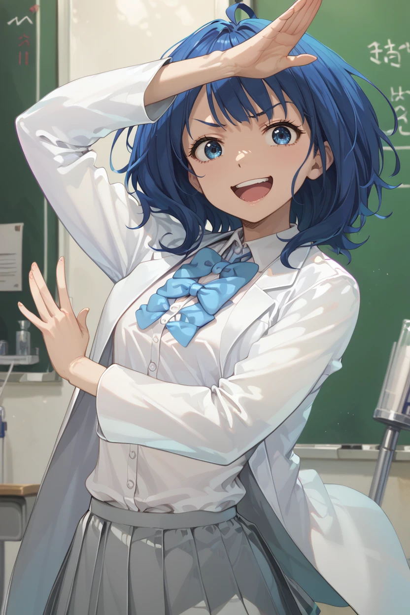 score_9, score_8_up, score_7_up, masterpiece, best quality, 1girl, solo,
 <lora:yanami anna_makein_PONY_last:0.8> anna-default, yanami anna,  blue eyes,blue hair, medium hair,school uniform, white shirt, bowties,grey skirt,pleated skirt, short sleeves,
labcoat, frowns, open mouth, broad smile, 
<lora:Rintarou_Okabe_Pose_Pony:1> Rintarou_Okabe_Pose