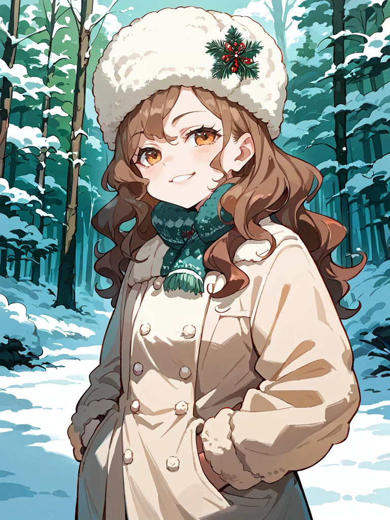 score_9,score_8_up,score_7_up,source_anime,higres illustration,1girl,<lora:papakha_pony:1>,papakha,fur hat,snow,forest,smug,hands in pocket,brown hair,wavy hair,