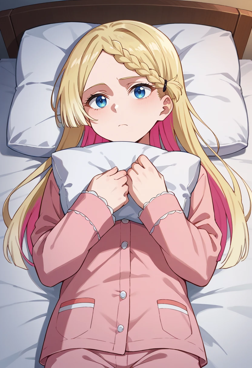 score_9, score_8_up, source_anime, 1girl, solo, SeiraKurusu, blue eyes, colored inner hair, blonde hair, pink hair, long hair, braid, on bed, sleepwear, pajamas, night, tired, on back, lying, pillow hug, pillow, <lora:ChamSeiraKurusuPonyXL:1>