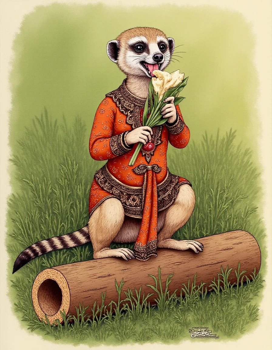 <lora:Thai_Art-000004:1>,A meerkat wearing Thai clothing is eating food. in the grass There is a hollow log,thai art style