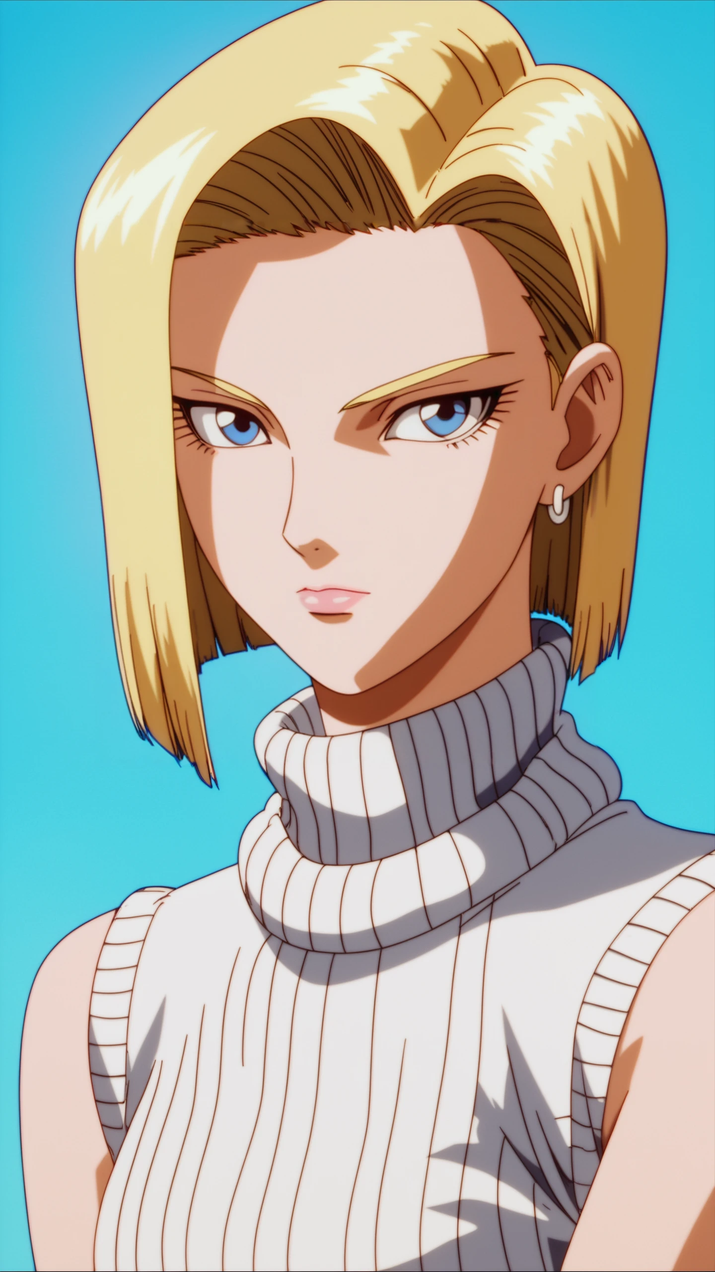 score_9, score_8_up, score_7_up, Analog style, vhs style, Dvd screengrab, old anime, classic anime, 1girl, solo, looking at viewer, short hair, blue eyes, blonde hair, simple background, jewelry, closed mouth, earrings, sleeveless, hair over one eye, sweater, lips, makeup, turtleneck, portrait, realistic, nose, android 18