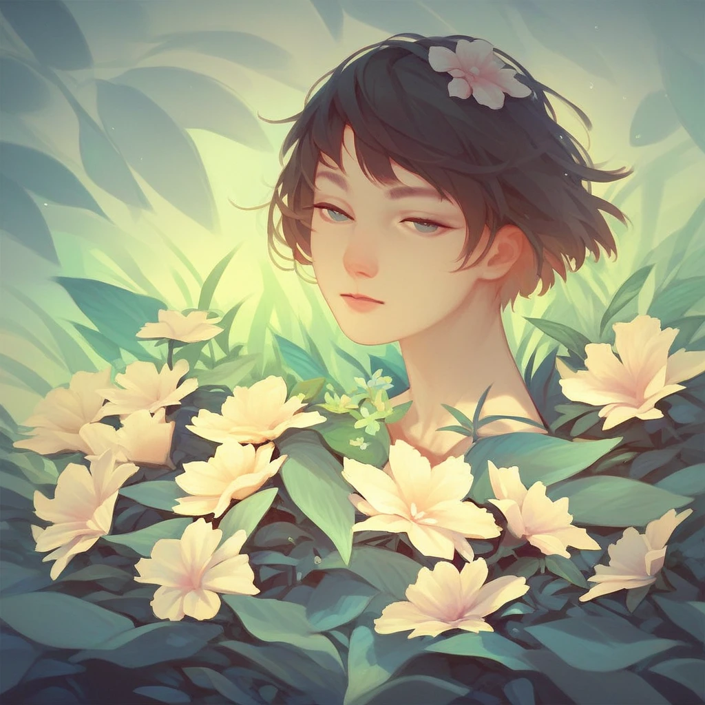 solo, 1girl, short hair, plant, flower, score_9, score_8_up, score_7_up, score_6_up,