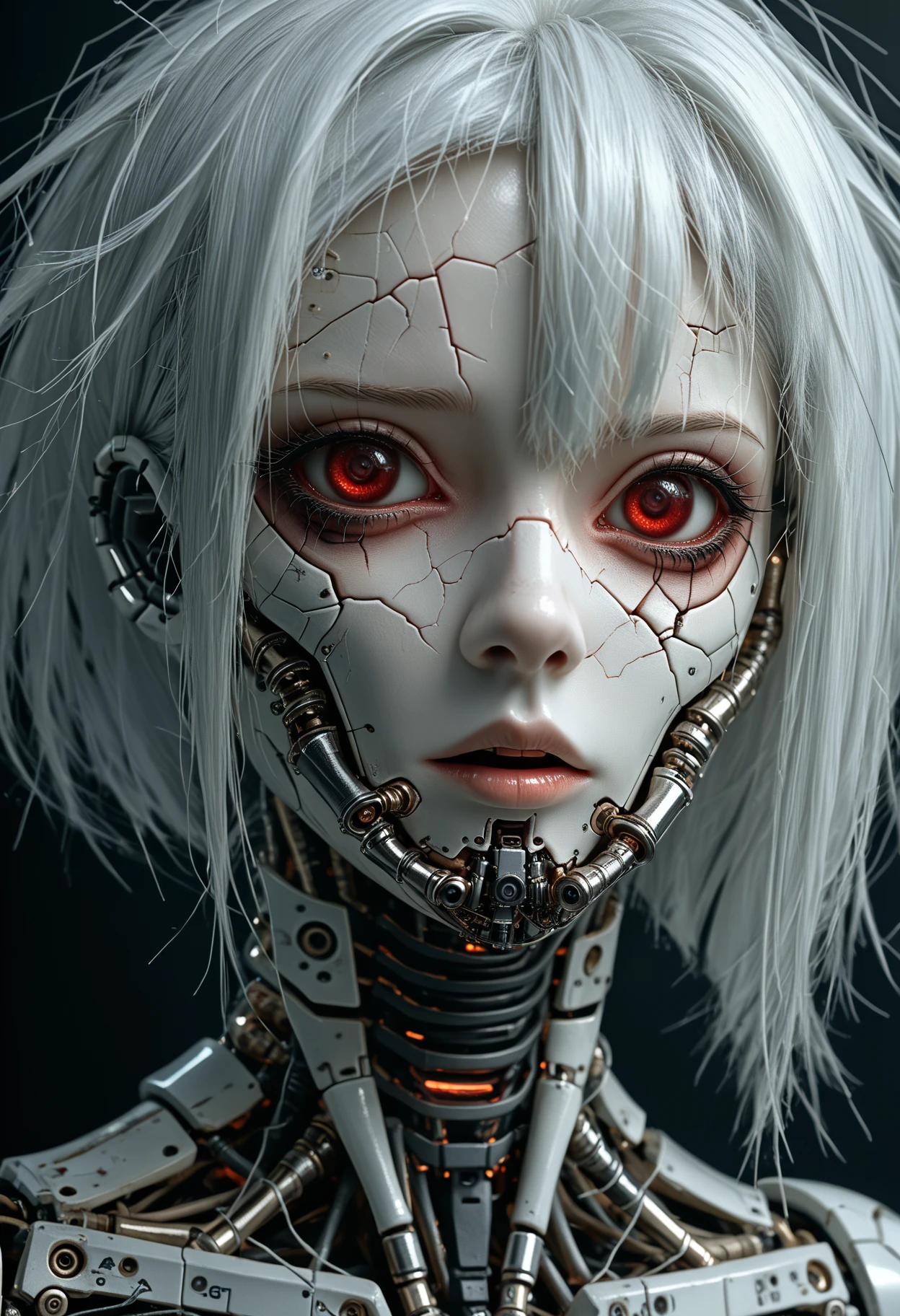 cyber girl with pale,cracked skin gazes sideways,her fragile form encased in a cyborg exoskeleton. Hydraulic mandibles frame her mechanical mouth. Intricate dieselpunk engines and hydraulics surround her in a harsh,gothic environment. Dark red eyes reflect deep sadness. Medium black and white hair tucked behind her ear,